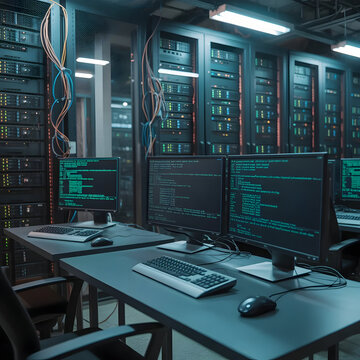 Modern Data Center Interior with Multiple Computer Monitors Displaying Green Code on Desks in Front of Dark Server Racks and Network Cabinets - Cyber Security and Cloud Computing Concept