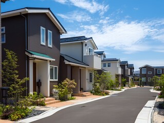 Fototapeta premium 青空の下にモダンな一戸建てが整然と立ち並ぶ新興住宅地の美しく整備された街並みの風景