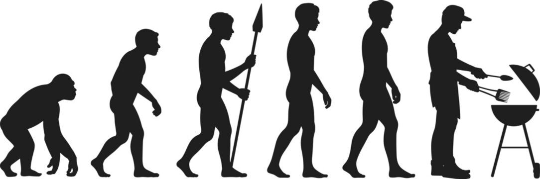 Humorous evolution silhouette illustration showing progression from ape to modern human barbecuing at grill, creative concept highlighting cultural development, lifestyle, and outdoor cooking activity