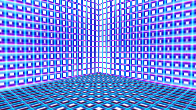 Colorful neon 3D grid room interior with glowing blue and purple line perspective background