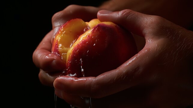 Extreme close-up of hands tearing a juicy nectarine with juice spraying