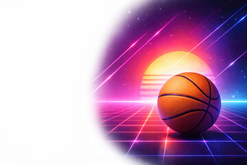 Fototapeta premium Basketball on a neon net with bright sunshine. Space for text.