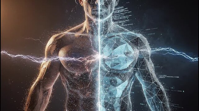 Human and digital twin split composition, energy boundary crackling, data streams synchronizing both sides. AI generated cinematic loop