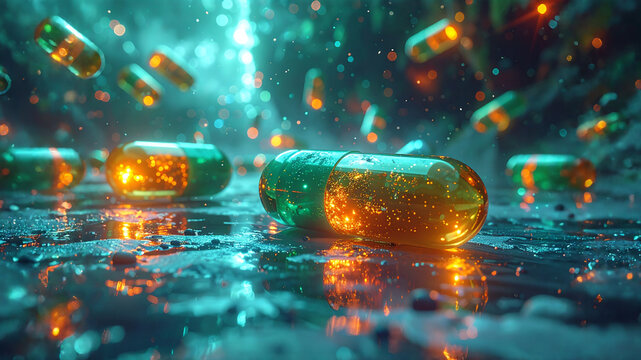 Pharmaceutical capsules. Smart drugs. Microencapsulation technology. Biotech research. Medication framework. Healthcare innovation. Medical data points. Bio-pharmaceuticals. Future of pharma.