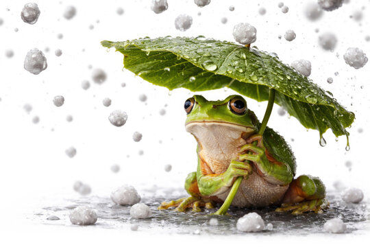 A frog under a leaf during rain and hail. Space for text.