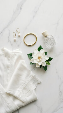 Bride accessories and white silk robe on marble background. Flat lay of wedding morning essentials including pearl earring, gold bracelet, perfume bottle and fresh gardenia flower.