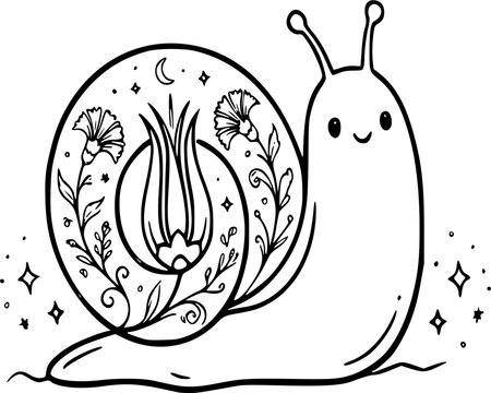 Cute Snail Line Art Illustration with Ottoman Floral Shell, Botanical Vector Design for Baby Nursery
