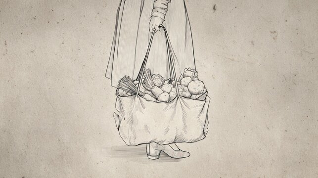 A pencil sketch of a woman carrying a filled bag of groceries on a light brown background