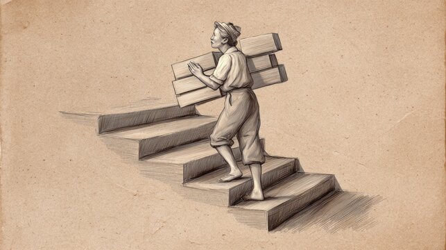 A pencil-drawn image shows a person carrying lumber up stairs