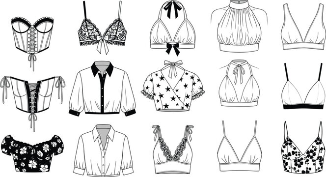 Collection Of Women Fashion Crop Tops And Lingerie Featuring Technical CAD Sketches Of Corsets Halter Necks Bralettes And Floral Blouses Vector