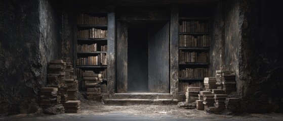 Fototapeta premium Hidden Recesses of an Ancient Library with Dusty Books and Shadows