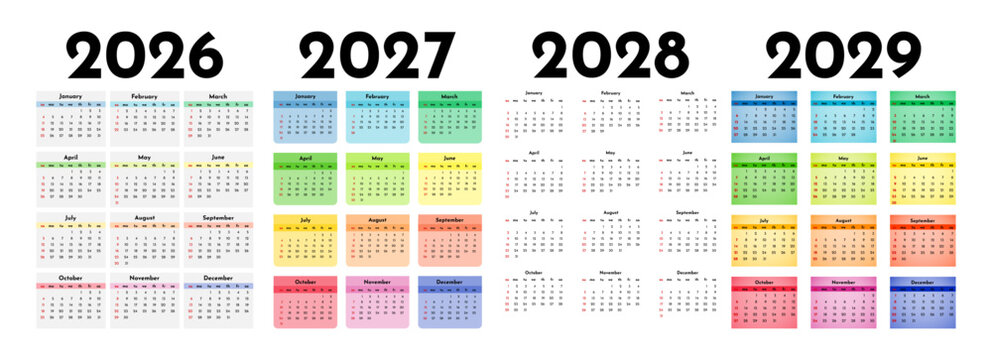 Set of calendars for 2026, 2027, 2028 and 2029 on a white background