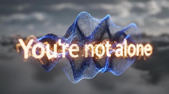 A digital rendering with the words 'I feel alone' in a stylized, glowing blue font, set against a moody, cloudy sky background.