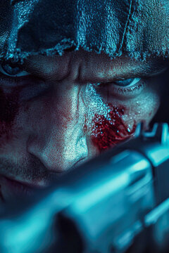 A person with blood on their face holds a gun, possibly after an altercation or crime