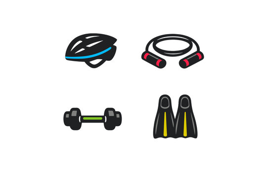 A set of four flat vector icons representing different sports and
