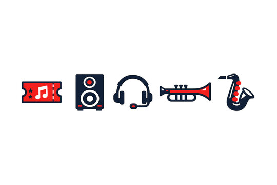 A collection of five minimalist flat vector icons representing music