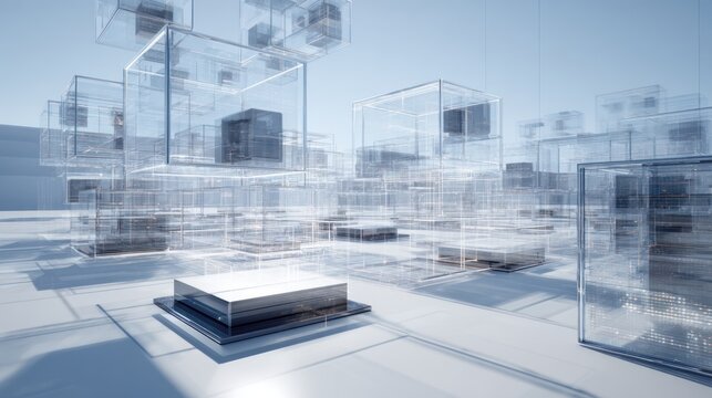 Abstract transparent cube structures against clear sky architecture