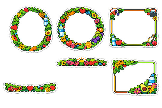 Collection of decorative frames and floral borders illustrated with