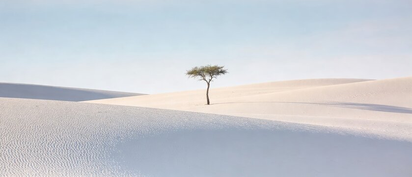 Solitary tree stands prominently amidst vast desert dunes under a clear sky panorama