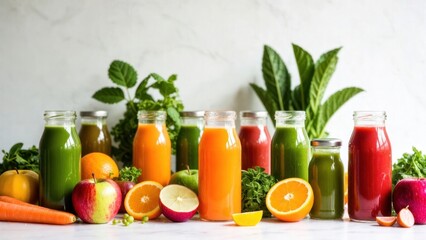 Fototapeta premium Colorful variety of freshly pressed fruit and vegetable juices with citrus and greens.