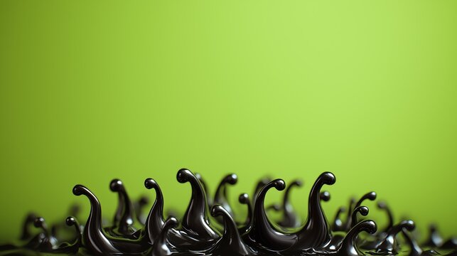 Metallic ferrofluid spikes and flowing mercury tendrils rising from neon green background