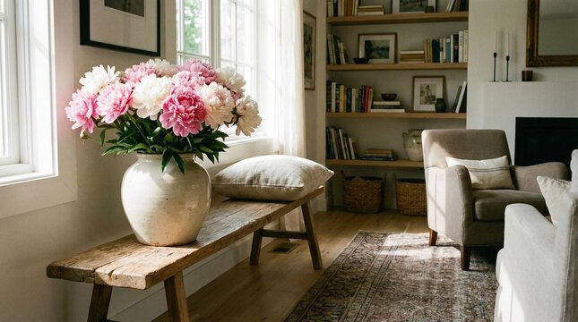 A beautiful bouquet of lush pink and white peonies in a rustic ceramic vase rests on an aged wooden bench bathed in soft natural light streaming through a window creating a serene and inviting