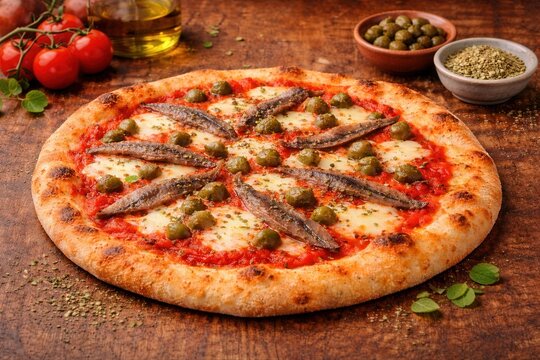 R&ouml;mische Pizza mit Anchovis und Kapern auf rustikalem Holztisch
Frische r&ouml;mische Pizza mit Anchovis, Kapern, K&auml;se und Tomatensauce auf rustikalem Holztisch, mediterran inszeniert und detailreich fotog