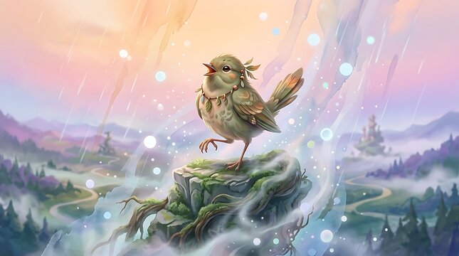 A small bird standing on a mossy rock in a fantasy landscape with a winding road and mountains in the background
