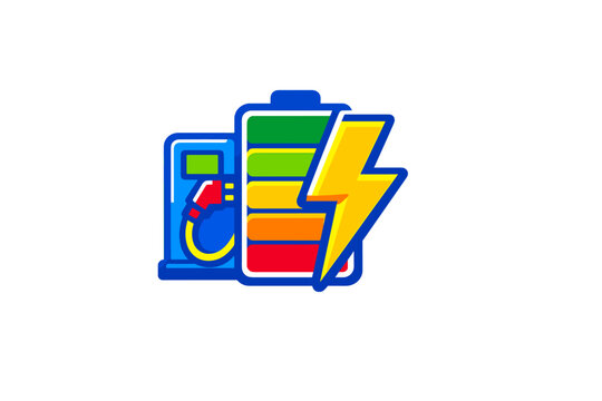 A colorful vector illustration featuring a battery with green to red