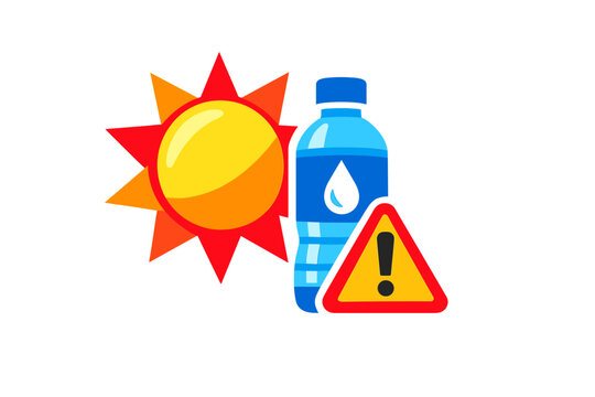 A stylized sun, a blue water bottle, and a red warning sign with an