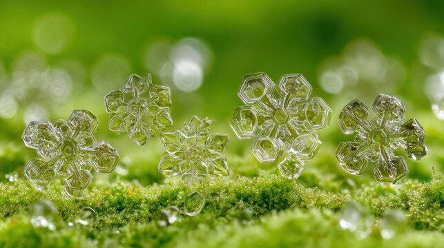 Macro photography of intricate snowflake crystals on green surface