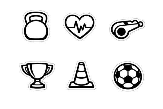 Six minimalist sport and exercise icons including a kettlebell