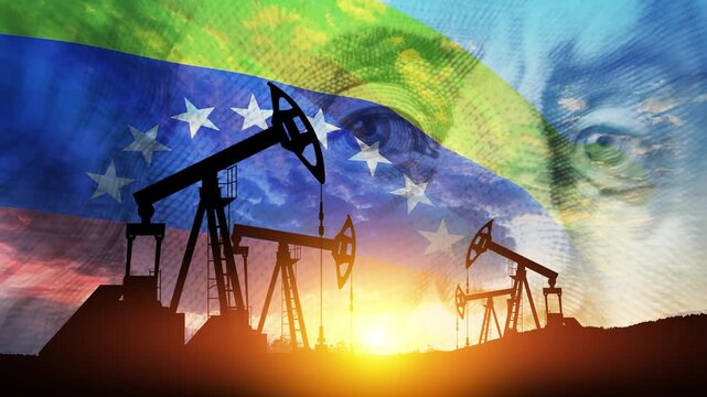 The change in oil prices. Oil price cap concept. Oil drilling derricks at desert oilfield. Oil pump on background of US dollar and Venezuela flag. Petroleum production.