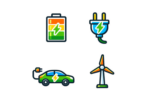 A set of four flat vector icons representing renewable energy and