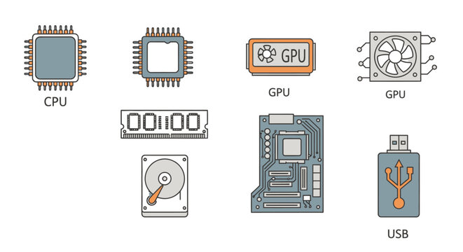Computer hardware icons cpu gpu ram hard drive usb vector illustration
