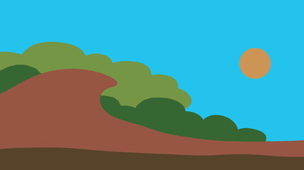 Obraz premium Minimalist landscape vector illustration, abstract nature background with rolling hills and sun, simple outdoor scenery with green bushes and blue sky