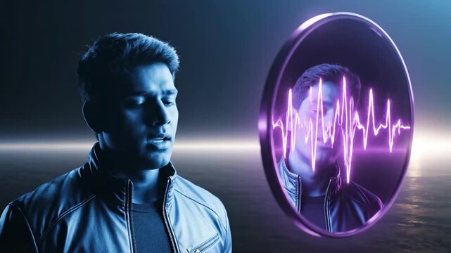 A futuristic portrait of a man with a digital twin, conveying innovation and technology.