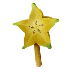 Fototapeta premium Watercolor carambola slices on wooden sticks, illustration of summer fruit ice cream. Hand drawn.