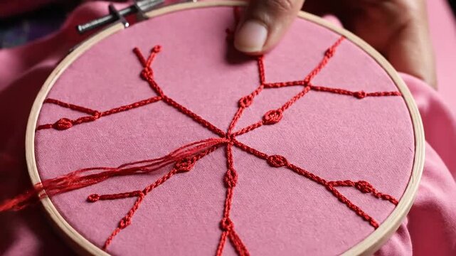 Woman doing embroidery with red thread.