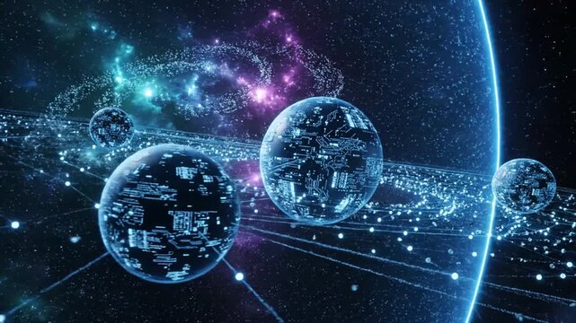 Futuristic digital spheres interconnected in a vast cosmic data network