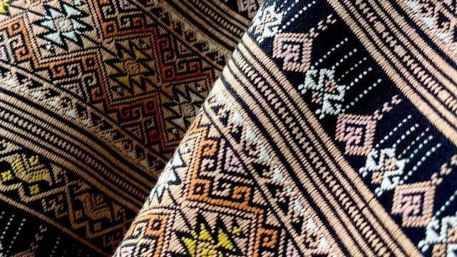 A panning close-up of traditional Thai hand-woven fabrics featuring intricate geometric patterns and earth-tone colors, showcasing the texture, weaving craftsmanship, and cultural details.