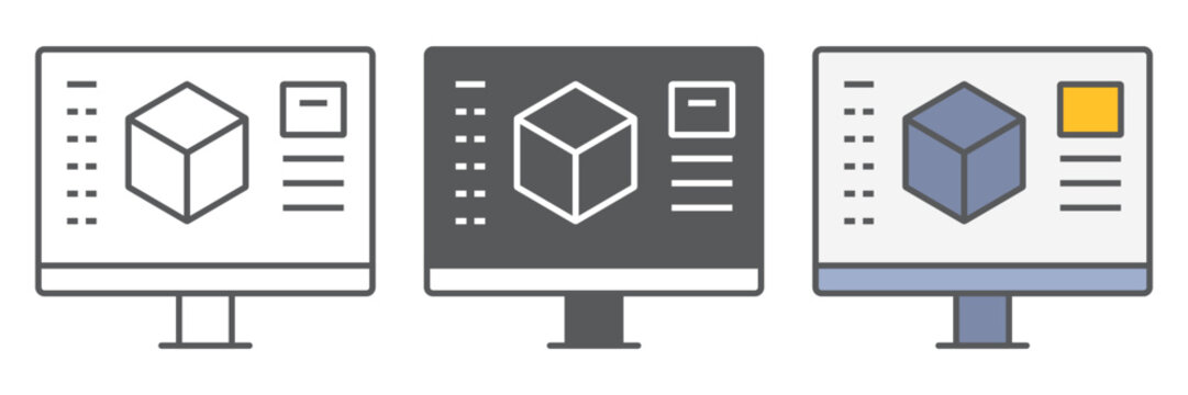 3d design line icon, model and computer, 3d modeling sign, vector graphics, a linear pattern on a white background.