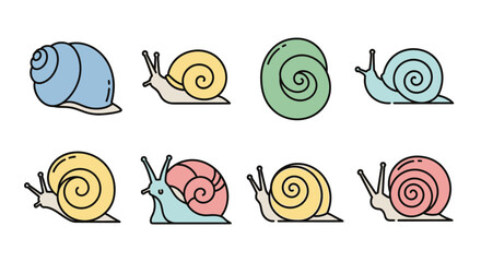 Colorful cartoon snail illustrations in various poses. © Kas
