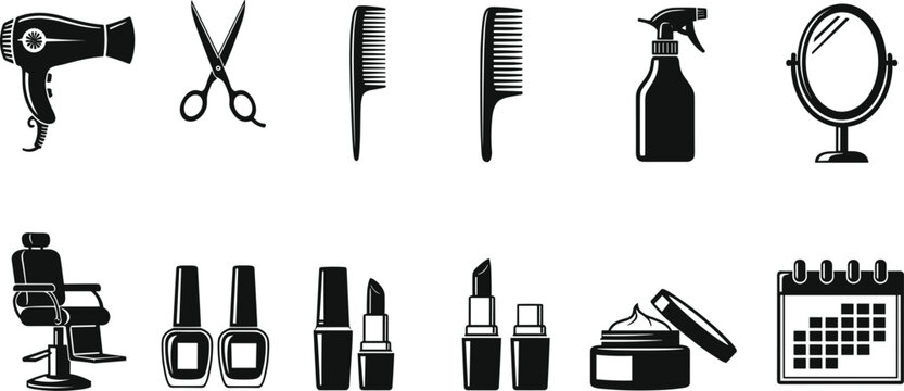 Beauty and Salon Tools Icons Set with Hair Dryer, Scissors, Comb, Mirror, Lipstick, Nail Polish, and Skincare Products for Hair, Makeup, and Personal Care