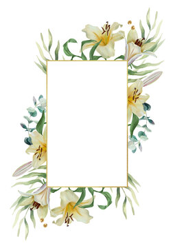 White lilies vertical template. Hand drawn watercolor illustration of delicate pastel flowers, isolated. Suitable for wedding invitations, birthday cards, Easter banners and baptisms.