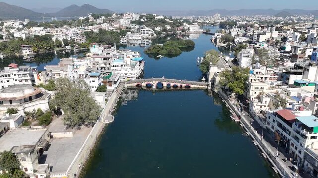 Aerial View of Historic Bridge and Lake Pichola in Udaipur India