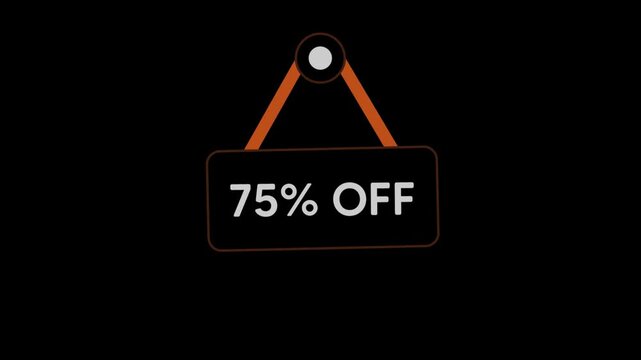 A black sign with white text reading 75% off hangs from an orange strap on a black background, perfect for marketing and advertising materials