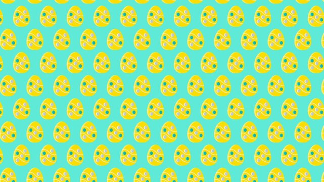 Bright and festive Easter egg pattern featuring yellow eggs with green dots on a cheerful blue background
