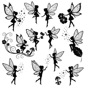 Fairy Magical Silhouettes Set with Various Poses and Nature Elements Like Flowers Mushrooms and Sparkling Dust