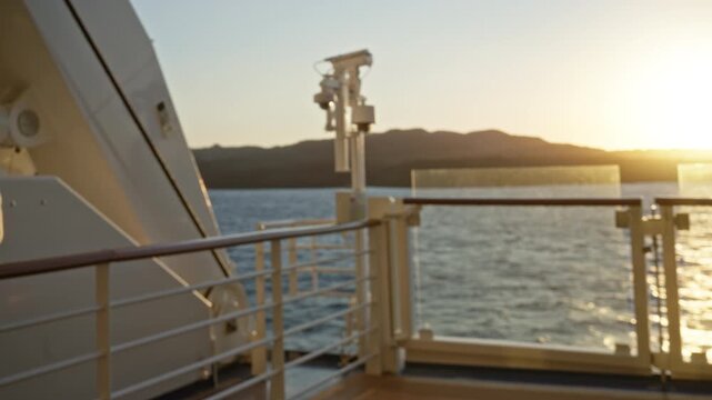 Cruise ship deck with soft defocused railing and sea bokeh background outdoor; backplate copyspace calm.